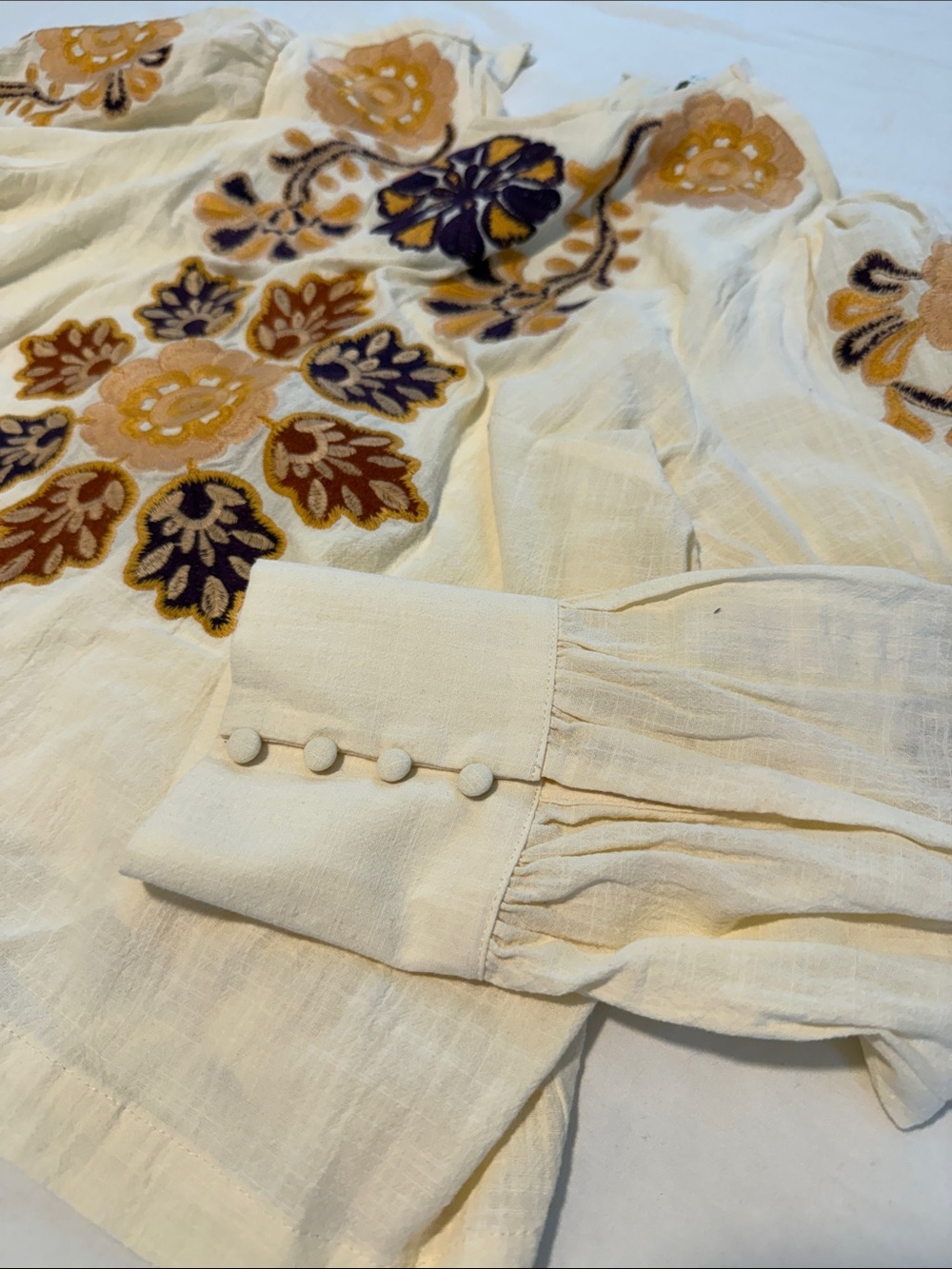 Pinch Embroidered Cream Peasant Blouse with Mustard & Navy Floral Motifs Size L - Picture 3 of 6